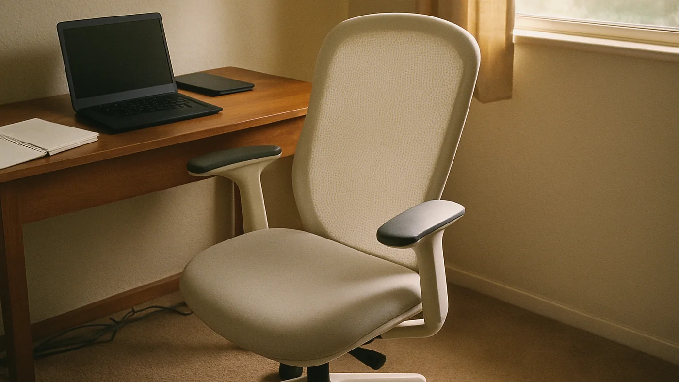 White ergonomic office chair in a lived-in home office